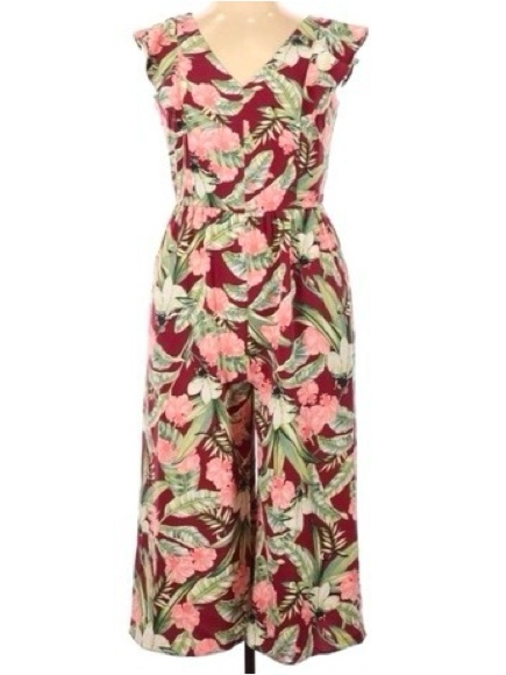 Ann Taylor Long Romper Tropical Floral Size 6 EUC V-Neckline Flounce Sleeveless